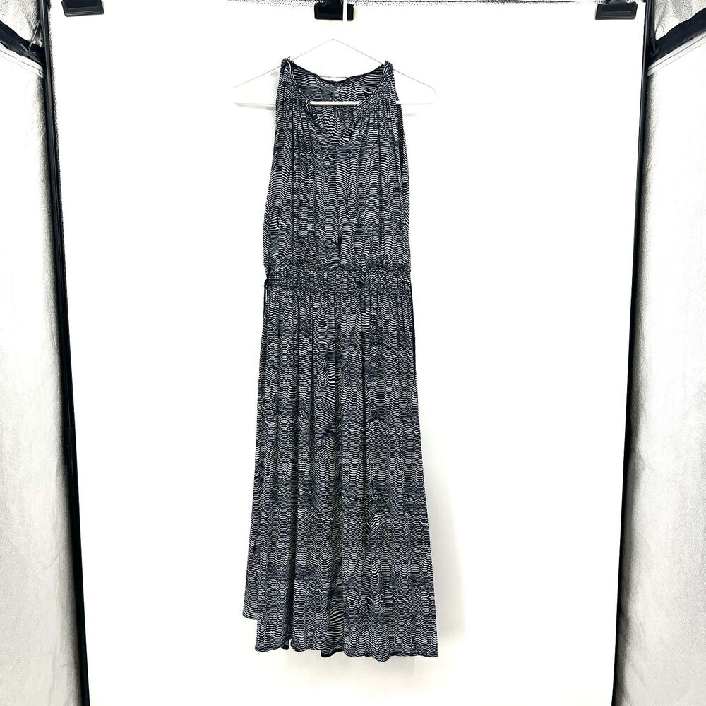 Apiece Apart 100% Silk Maxi Dress Navy White Wavy Stripe Tiered Sleeveless Sz 2
